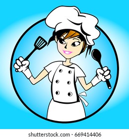 Lady chef, dressed in her chef’s uniform. Getting ready to cook she smiles while holding her cooking utensils.