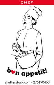 Lady chef during cooking some tasty dish on white background with text