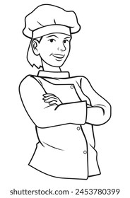 A lady chef with folded hand in outline and vector format.