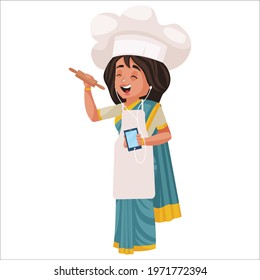 Lady chef is holding the phone and rolling pin in hand and singing. Vector graphic illustration. Individually on a white background.