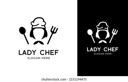 Lady chef logo design. Woman character with chef hat, spoon, and fork icon. Girl cocking vector