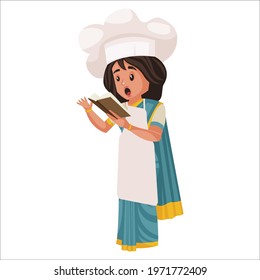 Lady chef is reading the book in hand. Vector graphic illustration. Individually on a white background.