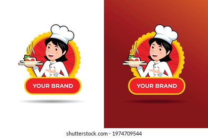 The lady chef is smiling happily in the pose of carrying the dish. Beautiful for your restaurant logo, or any other logo needs. Vector illustration of EPS 10.
