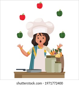 Lady chef is standing in the kitchen. Vector graphic illustration. Individually on a white background.