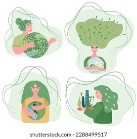 Lady cherishes verdant globe with affection. Vector art for Earth Day and planet preservation.Global Warming and environmental safeguard power efficiency idea. Vector illustration.