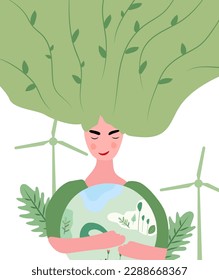 Lady cherishes verdant globe with affection. Vector art for Earth Day and planet preservation.Global Warming and environmental safeguard power efficiency idea. Vector illustration.