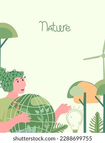 Lady cherishes verdant globe with affection. Vector art for Earth Day and planet preservation.Global Warming and environmental safeguard power efficiency idea. Vector illustration.