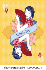 Lady Chinese in vintage style hold red fan on yellow play card background. Vector, Illustrator