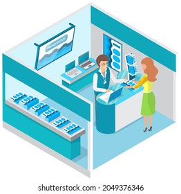 Lady chooses laptop at exhibition. Isometric composition with woman watching presentation of laptop near promotion stand and promoter. Presentation of new technologies, computers at exhibition