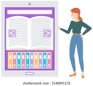 Lady choosing book with digital service for smartphone. Studying with archive of books concept. Electronic library, online book store, ebook in phone app. Woman selects literature in online library