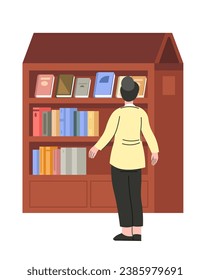 Lady choosing book from library or bookstore. Wooden bookcase with different monographs and anthologies. Large bookshelf with various literature. Antique and modern interior. Vector in flat style