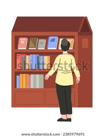 Lady choosing book from library or bookstore. Wooden bookcase with different monographs and anthologies. Large bookshelf with various literature. Antique and modern interior. Vector in flat style