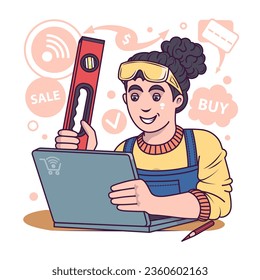 Lady choosing different materials and instruments for building. Shopping via modern gadgets. Buying different instruments for work with wood. Flat vector illustration in cartoon style