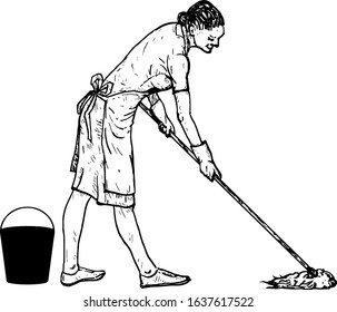 A lady cleaner mopping the floor. Hand drawn vector illustration. 