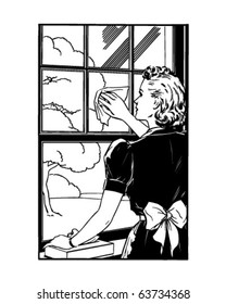 Lady Cleaning Window - Retro Clipart Illustration