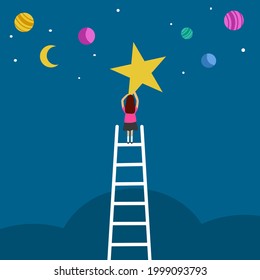Lady climbing stair ladder to reach the star in flat design. Wish and hope to success.