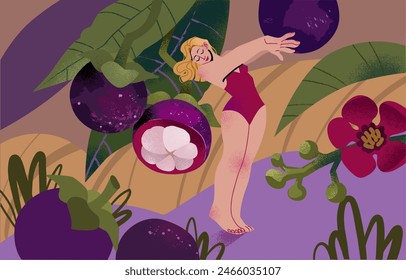 A lady in a closed swimsuit dances in a blooming garden full of mangosteen. Vector illustration of a girl and fruits.