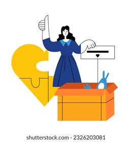 Lady collecting toys for needy people. Help from humanitarian aid organization. Volunteer helping people. Charity and donation concept. Vector flat illustration in orange colors