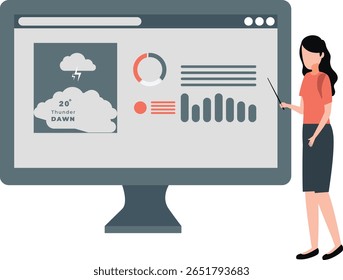 The lady confidently presents graphical weather conditions, using charts and maps to illustrate temperatures, precipitation, and forecasts.