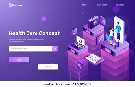 Lady consulted to doctor through mobile application, isometric  medical equipments on purple background for Health Care web template design.