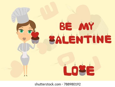 lady cook holds cake with candle heart in her arm. Love and be my valentine inscription made of cake and candles
