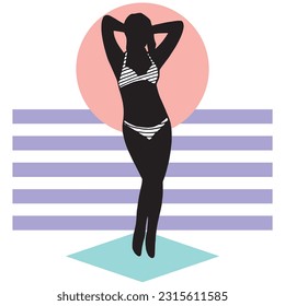 Lady in cool pose standing for photoshoot, hand drawn silhouette drawing. Simple female model with simple geometric background. Fashion woman in bikini dress with lines and high heels pen drawing icon