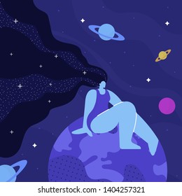 Lady Cosmos, Meditation Flat Vector Illustration. Fantasy Woman with Stars in Hair Cartoon Character. Self Immersion, Communication with Universe, Relaxation. Dreamy Woman Sitting on Globe