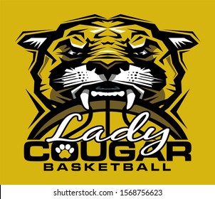 lady cougar basketball team design with ball and mascot for school, college or league