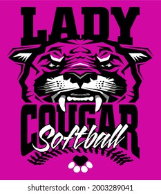 lady cougar softball team design with mascot and stitches for school, college or league