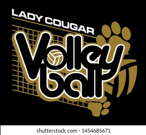 lady cougar volleyball design with paw prints and net for school, college or league