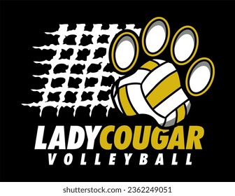 lady cougar volleyball design with paw print ball and net for school, college or league sports