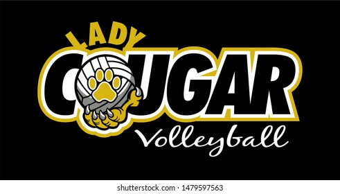 lady cougar volleyball team design with ball and paw print for school, college or league