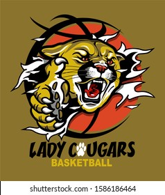 lady cougars basketball mascot ripping through the background for school, college or league