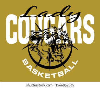 lady cougars basketball team design with mascot face inside ball for school, college or league