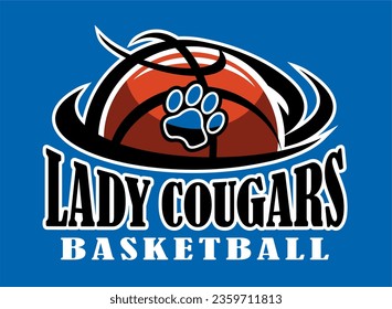 diseño del equipo de baloncesto lady cougars con medio baloncesto y traza para deportes en la escuela, universidad o liga