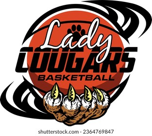 diseño del equipo de baloncesto lady cougars con huella de pata dentro del balón para deportes de escuela, universidad o liga