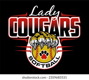 lady cougars softball team design with claw holding ball for school, college or league sports