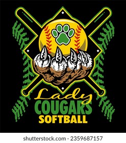 lady cougars softball team diamond design with claw holding ball for school, college or league sports