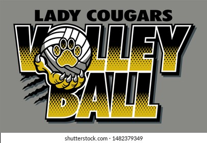 lady cougars volleyball team design with ball and paw print for school, college or league