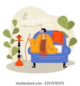 Lady covered with blanket, holds pipe and smokes. Young female resting in modern bar. Asian leisure concept. Flat vector illustration in cartoon style in green and orange colors