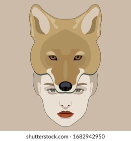 Lady Coyote. Female portrait in a mask. Totem animal. Fantastic character. Isolated vector illustration.