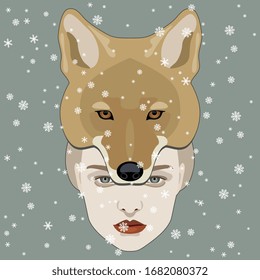 Lady Coyote in winter. Female portrait in a fur mask under snowflakes. Totem animal. Fantastic character. Isolated vector illustration. 