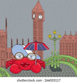 lady crab Under union jack umbrella on Westminster bridge