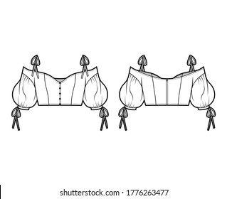 Lady cropped cold-shoulder top technical fashion illustration with voluminous sleeves, tie-fastening straps. Flat apparel blouse template front back, white color. Women, men, unisex shirt CAD mockup
