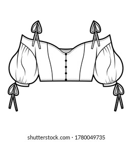 Lady cropped cold-shoulder top technical fashion illustration with voluminous sleeves, tie-fastening straps. Flat apparel blouse template front, white color. Women, men, unisex shirt CAD mockup