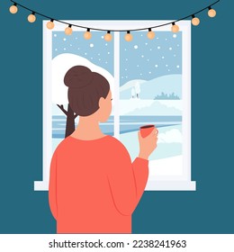 A lady with a cup of hot tea or coffee enjoys the winter landscape. Winter window, snowy weather.Vector illustration