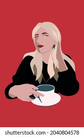 Lady with a cup. Vector flat illustration. Avater for social network. Red background,