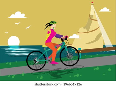 A lady cyclist concept going up hill. Editable Clip Art.