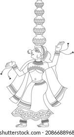 lady dancer balancing with clay pots drawn in Indian folk art, Kalamkari