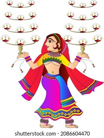 lady dancer balancing with oil lamps drawn in Indian folk art, Kalamkari